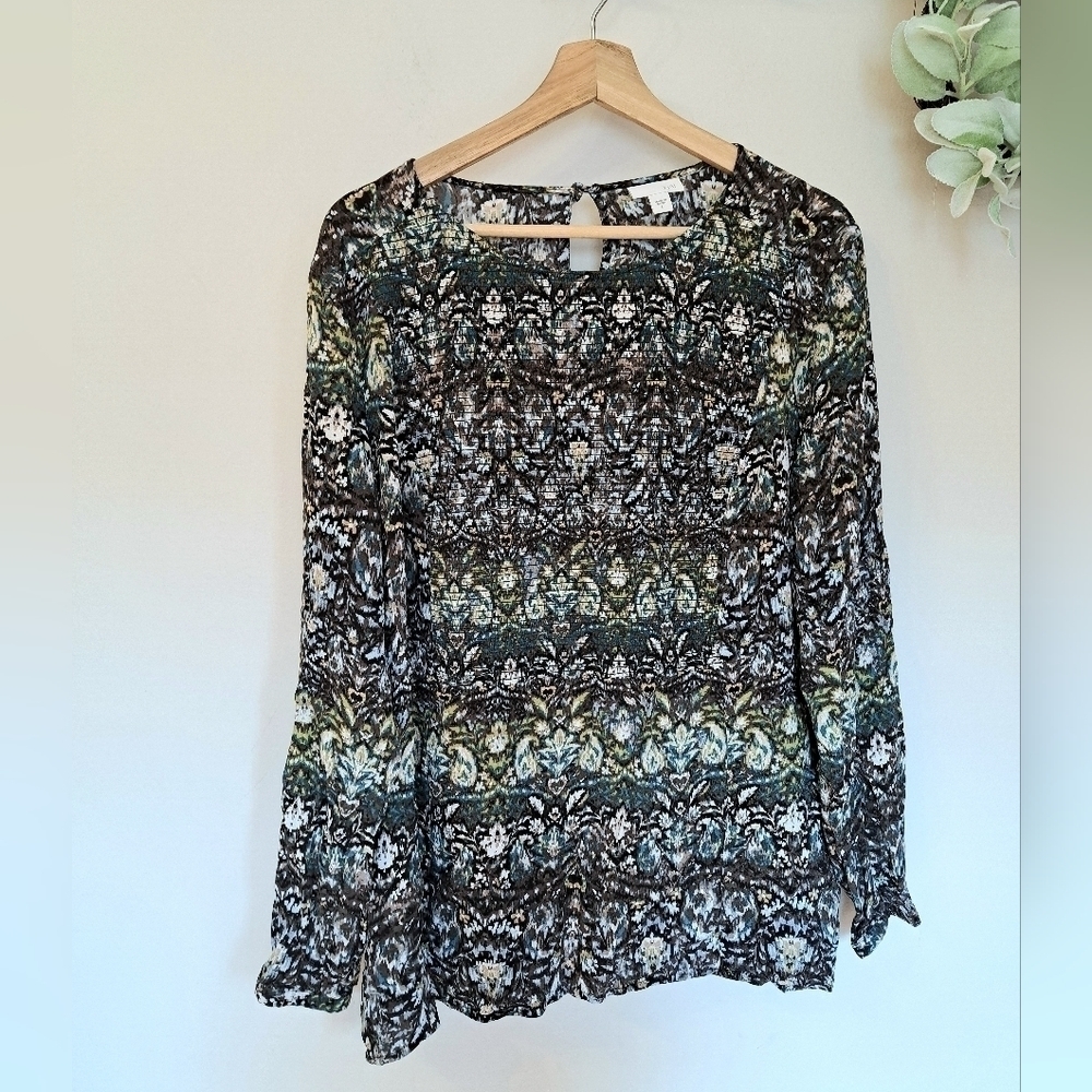 Women's Multi-Color Dark Long Sleeve Stretch Front Blouse Top Large